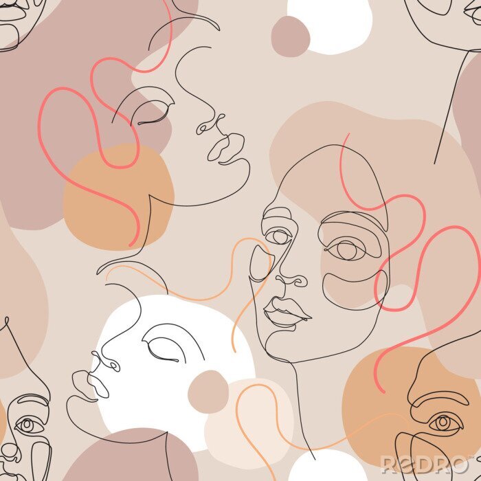 Poster Modieus patroon met abstracte gezichten in line-art stijl