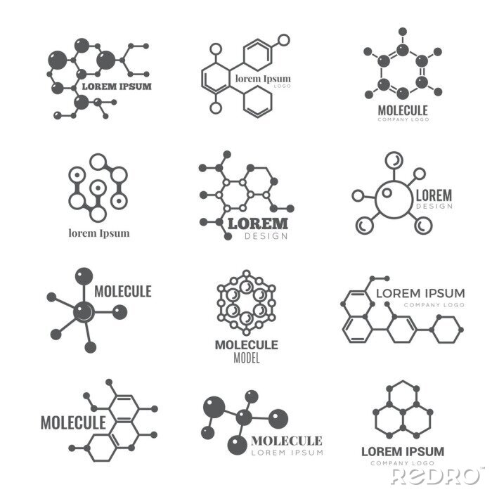 Poster Molecular logo. Chemistry dna molecule scientific structure atom business brand vector concept. Illustration of molecular chemistry, dna logo, molecule structure