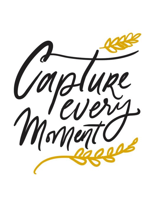 Poster Moment vastleggen. Citaat van de hand het van letters voorziende motivatie voor uw ontwerp