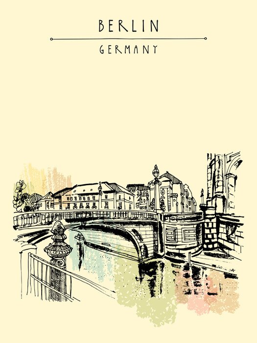 Poster Monbijou brug in Berlijn, Duitsland, Europa. Rivier de Spree, de rivier. Handtekening. Travel schets. Vintage toeristische postkaart, poster, boek illustratie