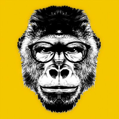 Poster Monkey head black and white illustration on  background, digital art 
