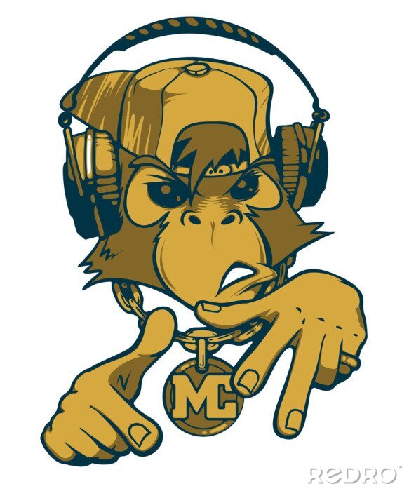 Poster Monkey rapper. Monkey MC. Chimpansees met een koptelefoon