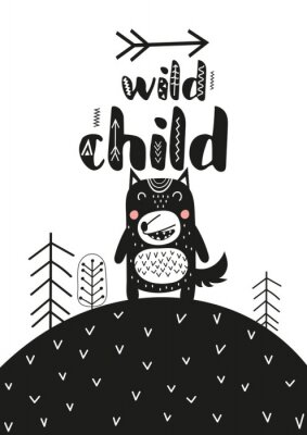 Monochrome poster for nursery scandi design with cute wolf in Scandinavian style. Vector Illustration. Kids illustration for baby clothes, greeting card, wrapper. Wild child.