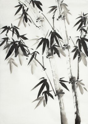 Poster Monochroom bamboe met beschilderde bladeren