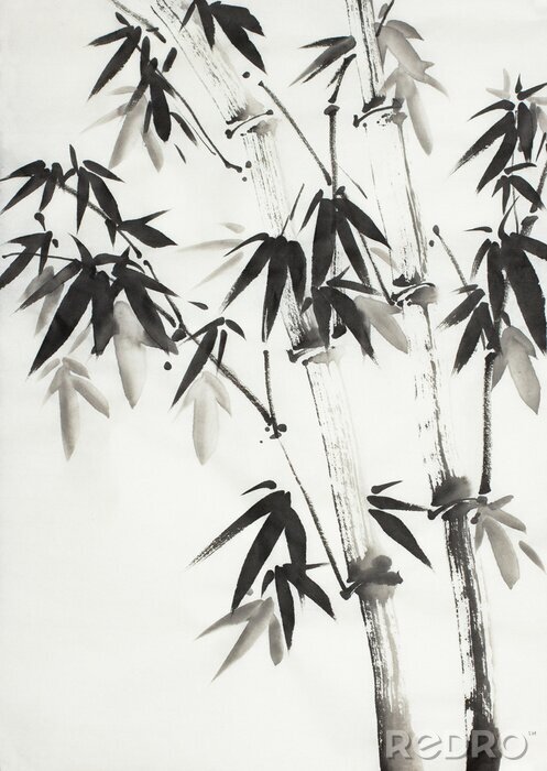 Poster Monochroom bamboe met beschilderde bladeren