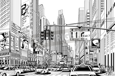 Poster Monochroom straatbeeld van New York in cartoonstijl