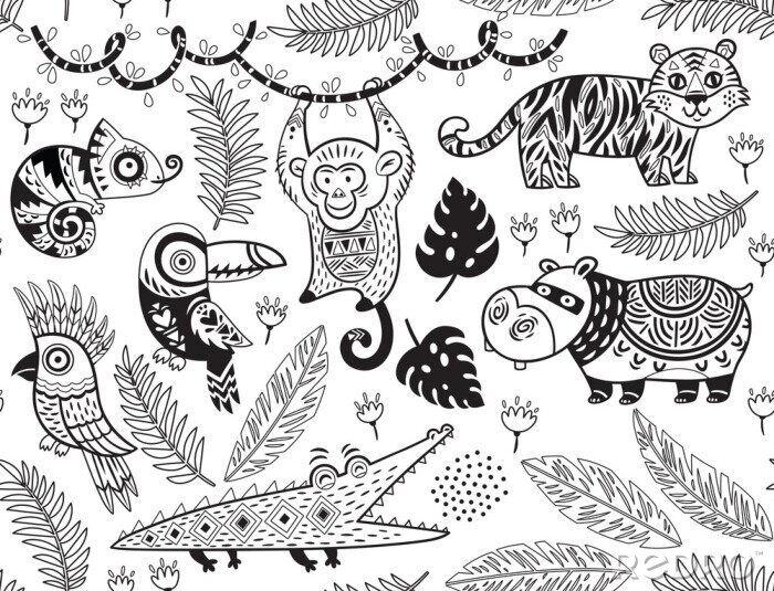 Poster Monochroom tropische dieren en planten