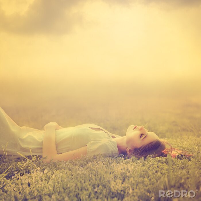 Poster mooi jong meisje droomt van het liggen op een magische weide in het voorjaar