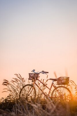 Poster mooi landschapsbeeld met fiets bij zonsondergang