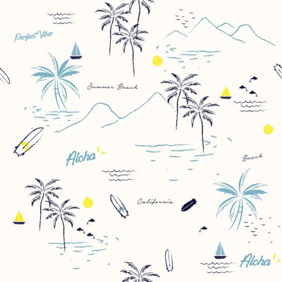 Mooi naadloos eilandpatroon op witte achtergrond. Landschap met palmbomen, strand en oceaan vector hand getrokken stijl.
