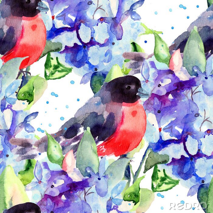 Poster Mooie blauwe bloemen met vogel