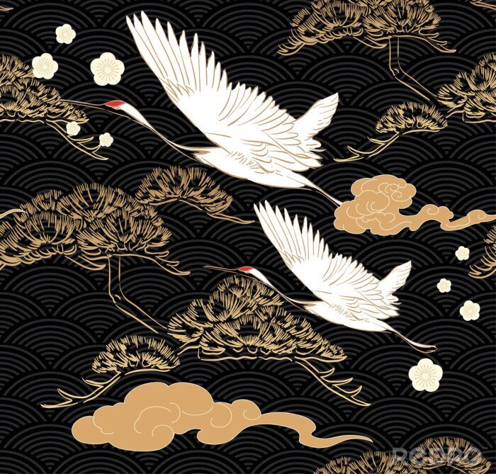 Poster Mooie kraanvogels op een oosterse achtergrond