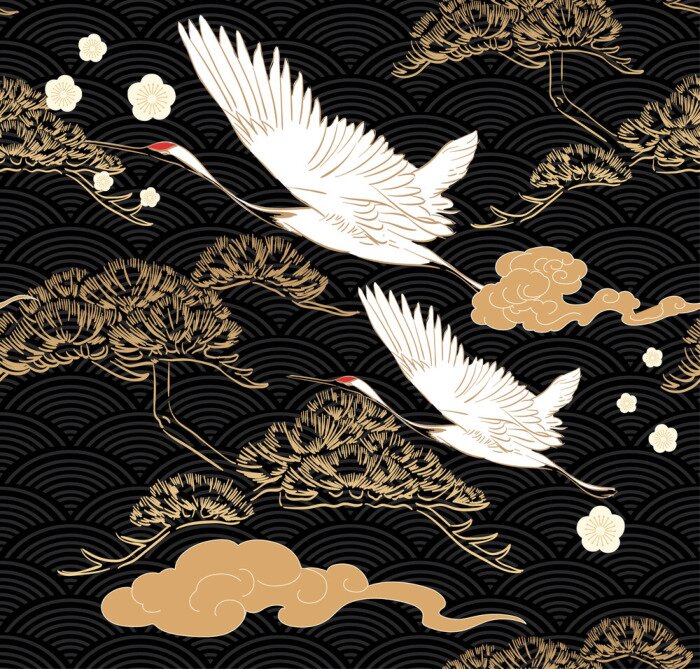 Poster Mooie kraanvogels op een oosterse achtergrond