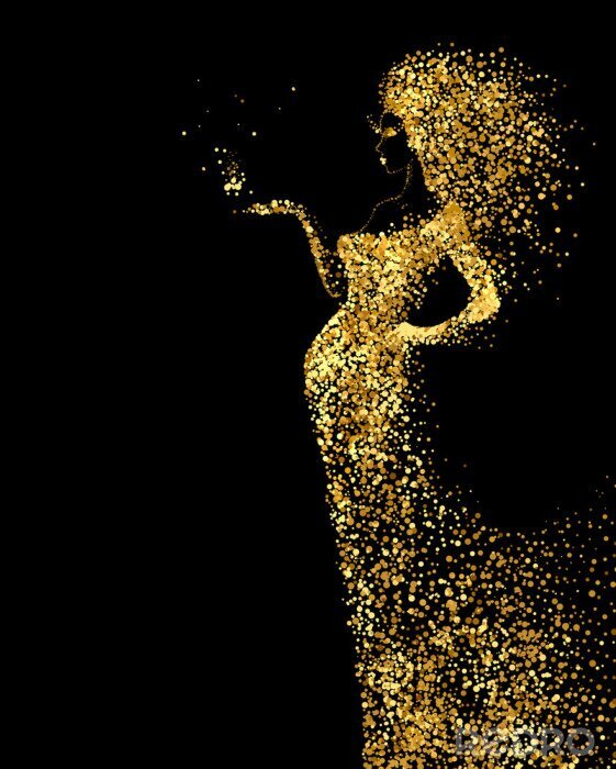 Poster Mooie vrouw abstracte figuur gevormd door goud kleur deeltjes op de zwarte achtergrond. Heldere banner met mooi glamourmeisje met haar omlaag en in de lange mode jurk.