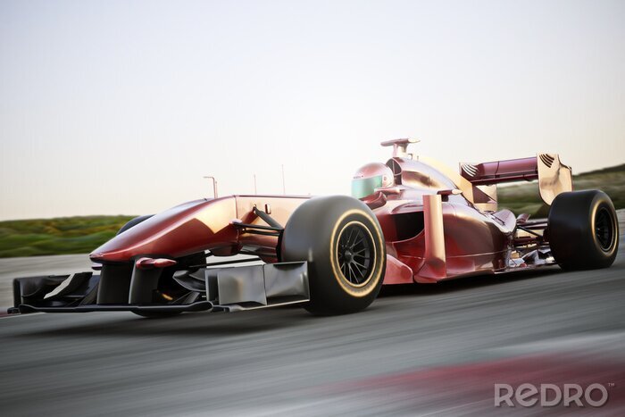 Poster Motor sport raceauto zijde schuin oog versnellen van een track met motion blur. Fotorealistische 3D-scène met ruimte voor tekst of kopie ruimte