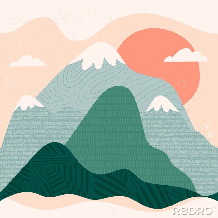 Poster Mountain view. Mountains, hills, clouds, sun. Paper cut style. Flat abstract design. Scandinavian style illustration. Stamp texture. Hand drawn trendy vector seamless pattern