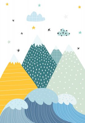 Poster Mountains and waves in a scandinavian style. Illustration of nature for children. Vector illustration with a simple objects.