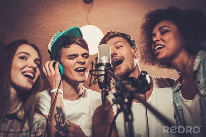Poster Multiracial music band performing in a recording studio