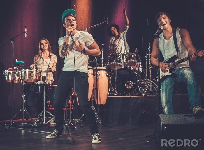 Poster Multiracial music band performing on a stage