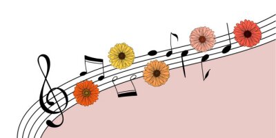 Poster Music and flowers invitation background. Creative template with a clef, hand drawn music notes and flowers. Great to place text for an open air concert in a garden or park. Vector
