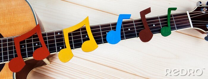 Poster Music and guitar panorama - musical notes on guitar fretboard for music concepts, playing guitar and learning a musical instrument. Fun design for inspiration.