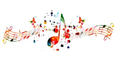 Poster Music background with colorful music notes vector illustration design. Artistic music festival poster, live concert events, party flyer, music notes signs and symbols