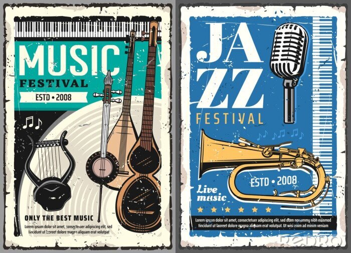 Poster Musical festival of jazz and folk music grunge posters. Vector musical instruments, retro microphone and horn, piano keyboard, vintage lyre or cither, Turkish saz, Persian kamancheh and music notes
