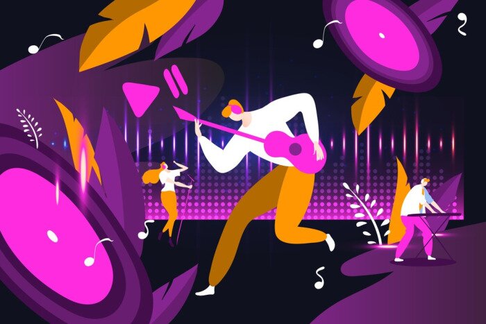 Poster Musician character male band, man guitarist play pop music woman sing popular song, person keyboardist flat vector illustration. Group people write music, concept music sound system column.