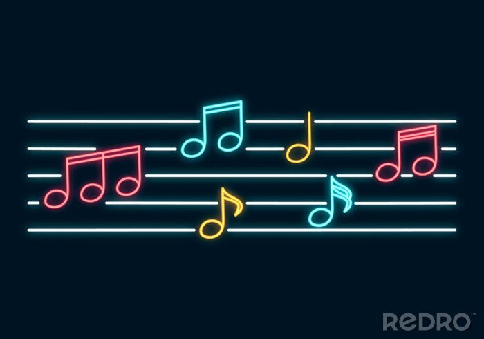 Poster Muziek notities neon teken grens. Led Concept voor muziekwinkel met sleutel. Vector geïsoleerde illustratie.