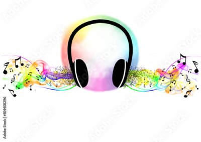 Poster Muzieknoten en kleurrijke accenten rondom de koptelefoon
