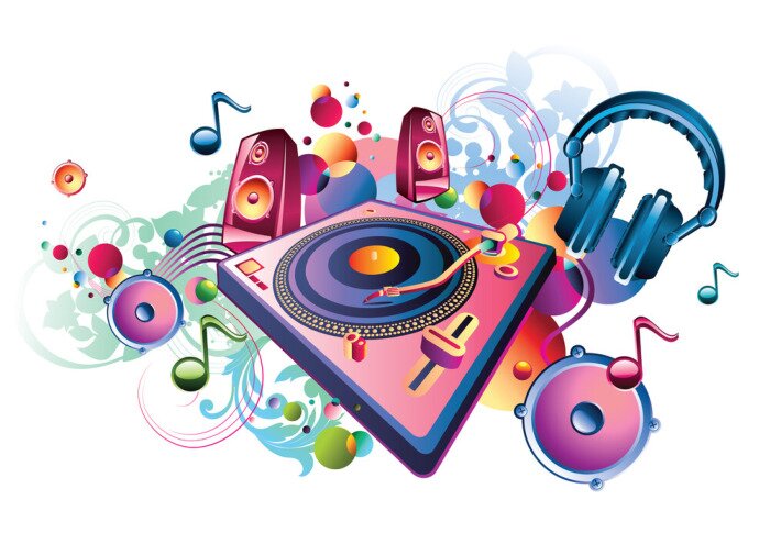 Poster Muziekontwerp - heldere draaitafel, tonen en luidsprekers