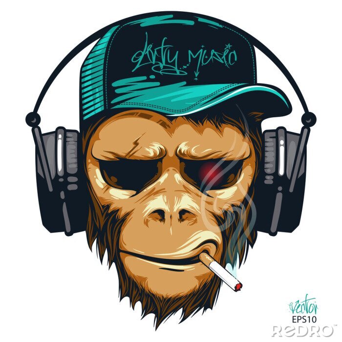 Poster Muziekventilator hipster aap in hoofdtelefoon. DJ-chimpansee