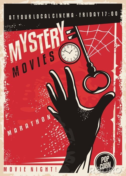 Poster Mystery films marathon retro bioscoop posterontwerp. Film poster sjabloon met hand silhouet, klok, sleutel en spinnenweb. Vector lay-out.