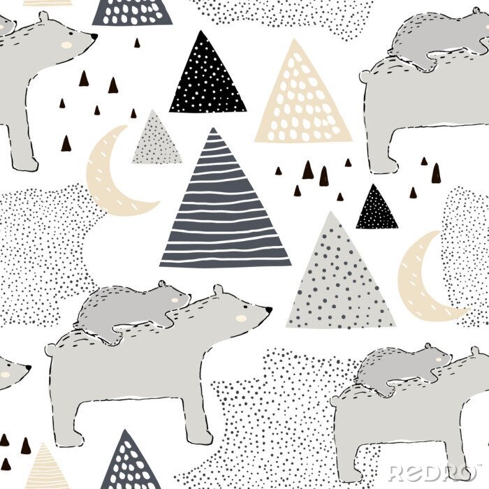 Poster Naadloos kinderachtig patroon met ijsbeermamma en baby. Creatief kinderontwerp. Perfectioneer voor stof, textiel, warpping, kinderdagverblijf Vector illustratie
