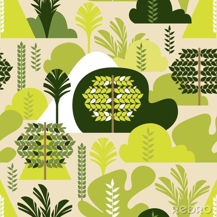 Poster Naadloos patroon. Bomen breedbladig tropisch in een vlakke stijl. Behoud van het milieu, bossen. Park, buiten. Vector illustratie.