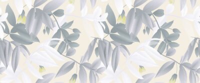 Naadloos patroon, hand getrokken pastelkleur groene en witte bladeren met gele bloemen op lichtgele achtergrond