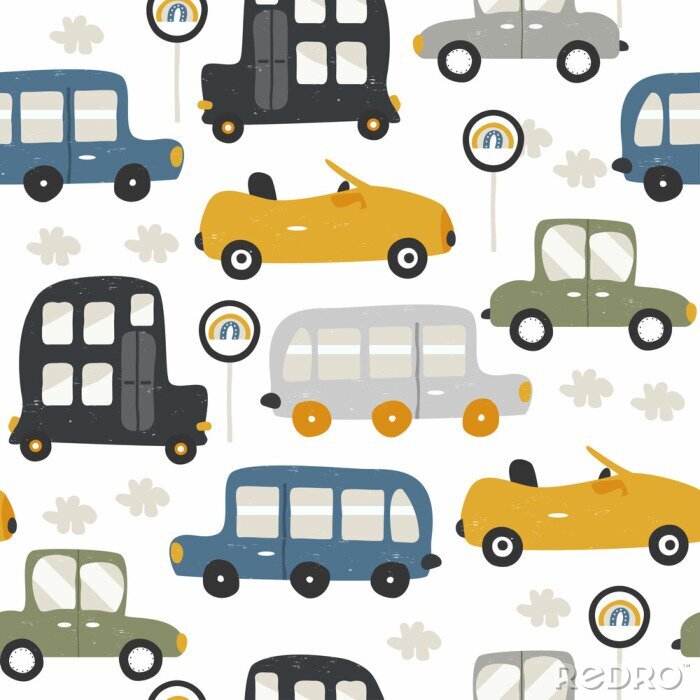 Poster Naadloos patroon met grappige auto's. Mode kinderprint. Vector hand getekende illustratie.