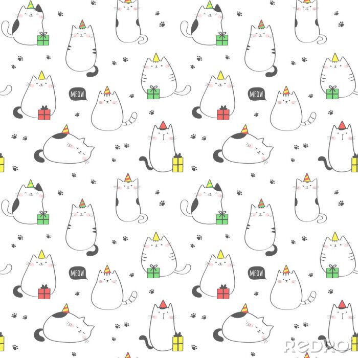 Poster Naadloos patroon met grappige katten. Verjaardagsfeest. Vector achtergrond.