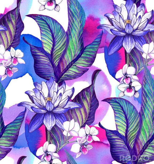 Poster Naadloos patroon met tropische bladeren. aquarel patroon met lotusbloem en aquarel vlekken, witte orchidee Phalaenopsis