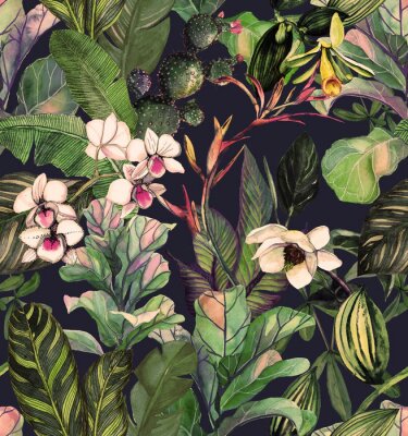 Naadloos patroon met tropische bladeren en bloemen. aquarel patroon met een magnolia bloem, orchideeën, cactus, witte orchidee phalinopsis. Botanische achtergrond
