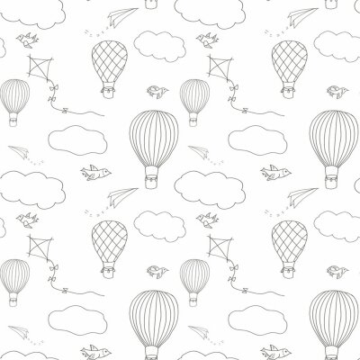 Naadloos vectorpatroon, hand getrokken hete lucht baloons die in de blauwe hemel, patroon voor achtergronden, verpakkend document, stoffen en andere ontwerpen vliegen