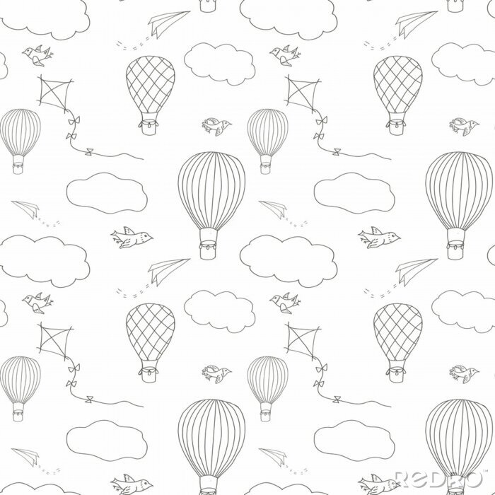Poster Naadloos vectorpatroon, hand getrokken hete lucht baloons die in de blauwe hemel, patroon voor achtergronden, verpakkend document, stoffen en andere ontwerpen vliegen