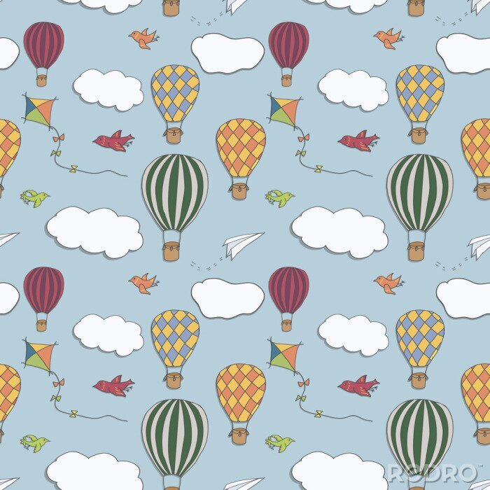 Poster Naadloos vectorpatroon, hand getrokken hete lucht baloons die in de blauwe hemel, patroon voor achtergronden, verpakkend document, stoffen en andere ontwerpen vliegen