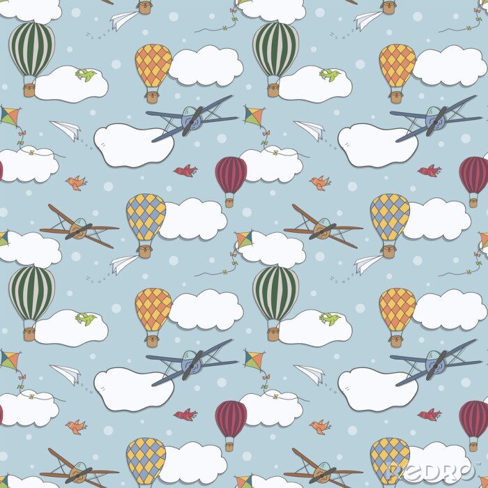 Poster Naadloos vectorpatroon, hand getrokken hete lucht baloons die in de blauwe hemel, patroon voor achtergronden, verpakkend document, stoffen en andere ontwerpen vliegen