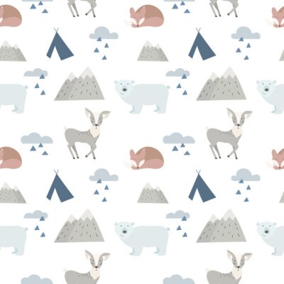 Naadloze bosdieren achtergrond met schattige herten, beer en vos. Cartoon stijl.