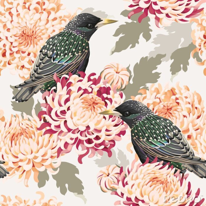 Poster Naadloze chrysant en vogels