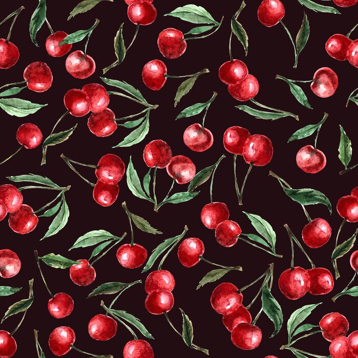 Poster Naadloze de bessenkers en bladeren van de patroonwaterverf. Herhalende achtergrond. Hand getrokken illustratie geïsoleerd op een claret achtergrond.