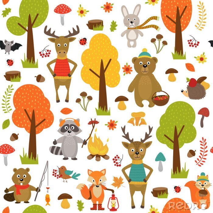 Poster naadloze patroon met de dieren van het bos op een witte achtergrond-vector illustratie, eps