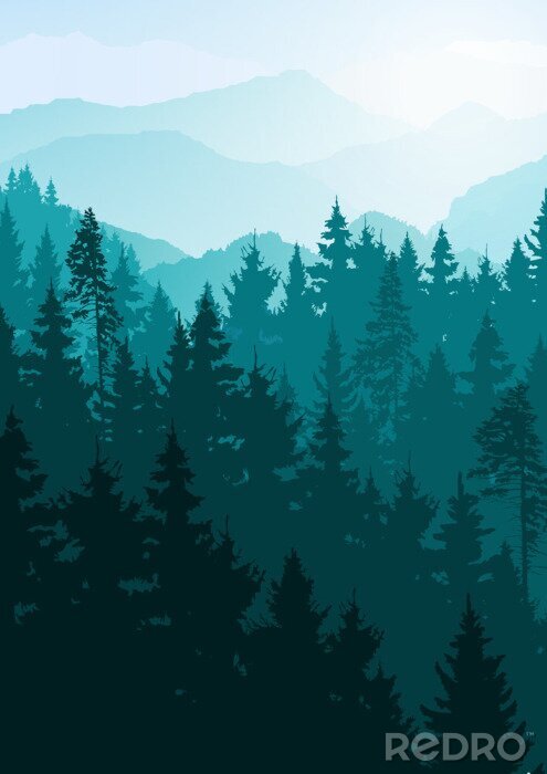 Poster Naaldbomenbos met bergen op de achtergrond