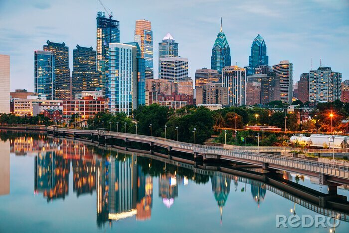 Poster Nachtpanorama van Philadelphia